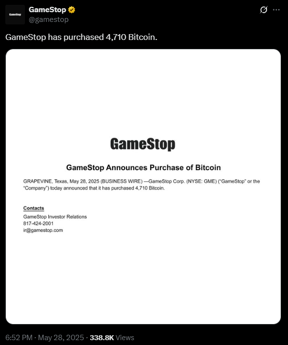 GameStop 宣布购入 4,710  枚比特币 盘前股价升近 5%